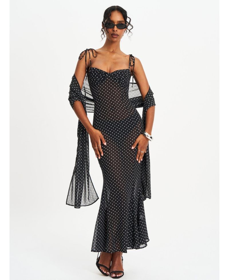 Women's Yadira Black Base Polka Dot Chiffon Maxi Dress