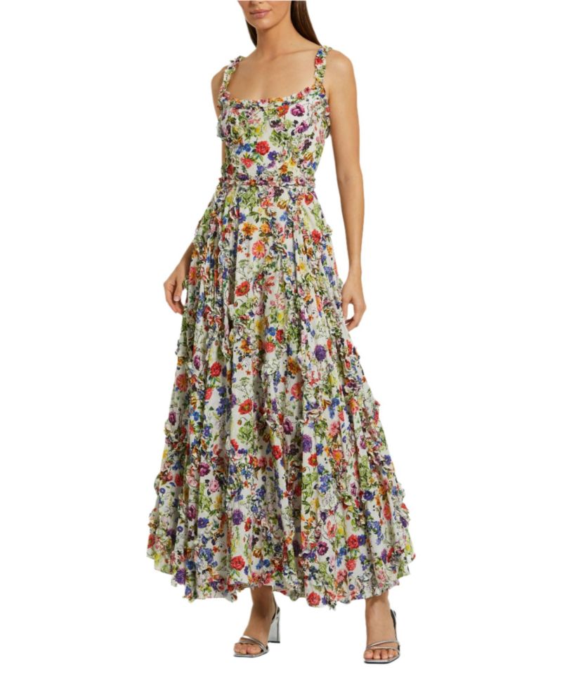 Women's Ruffle Floral Sweetheart Neck Gown