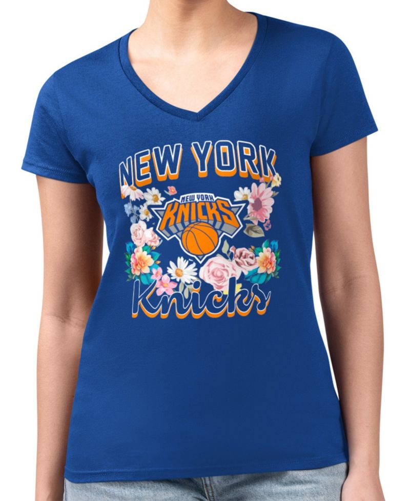 Women's Blue New York Knicks Super-Slim Fit Lightweight Flowers Team Logo Graphic V-Neck T-Shirt