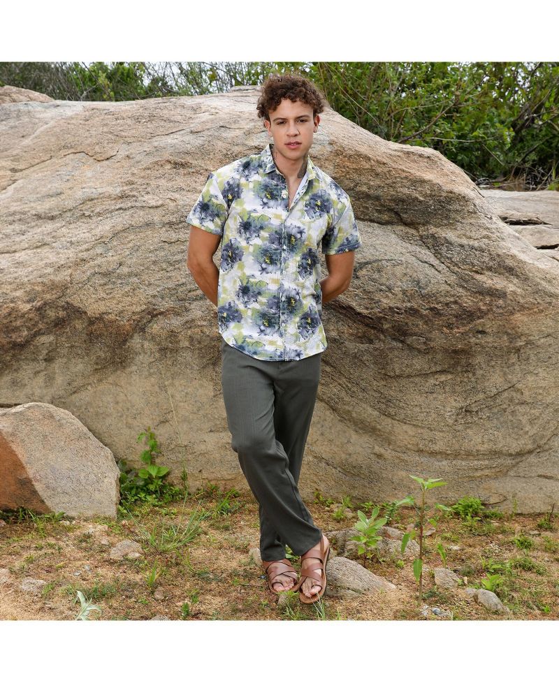 Men's Navy Blue & Powder White Smudged Botanical Shirt