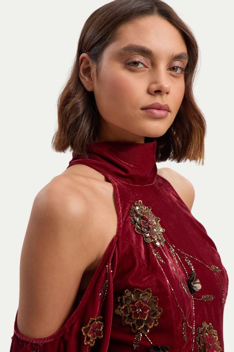 Women's Embroidered High Neck Maxi Dress