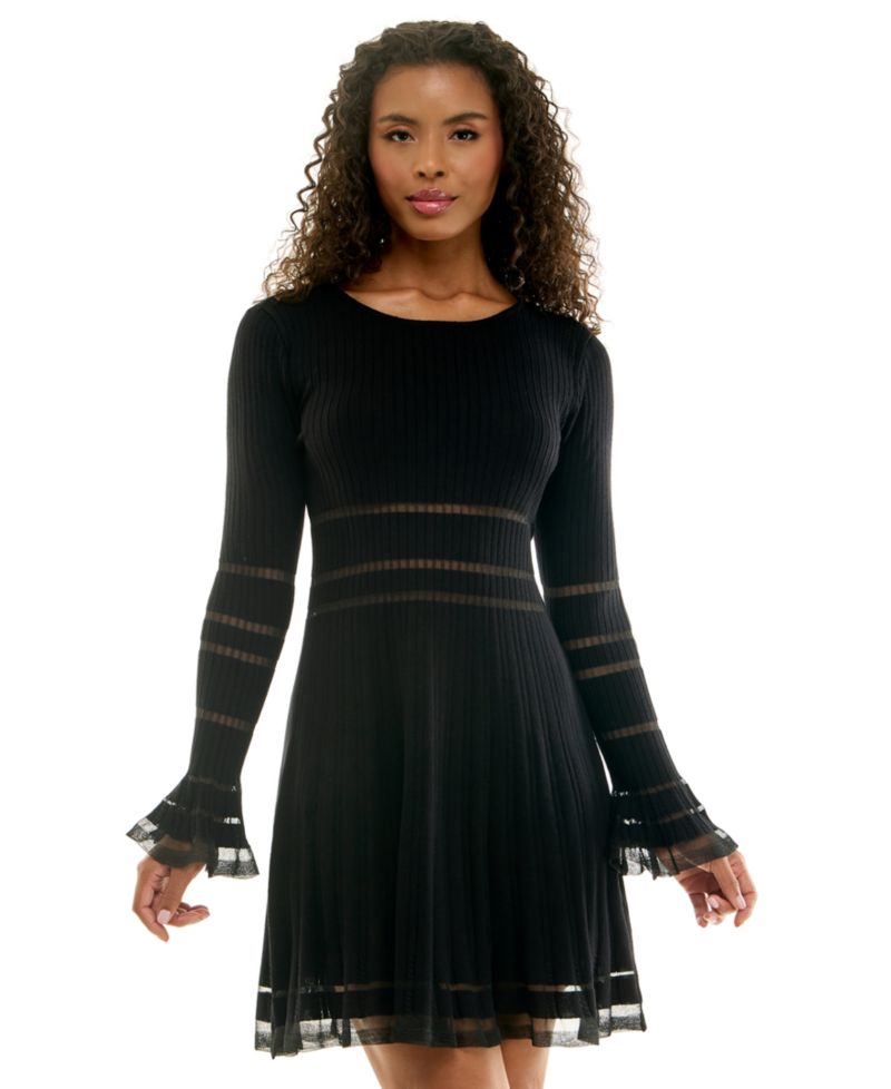 Juniors' Illusion Details Long-Sleeve Fit & Flare Sweater Dress