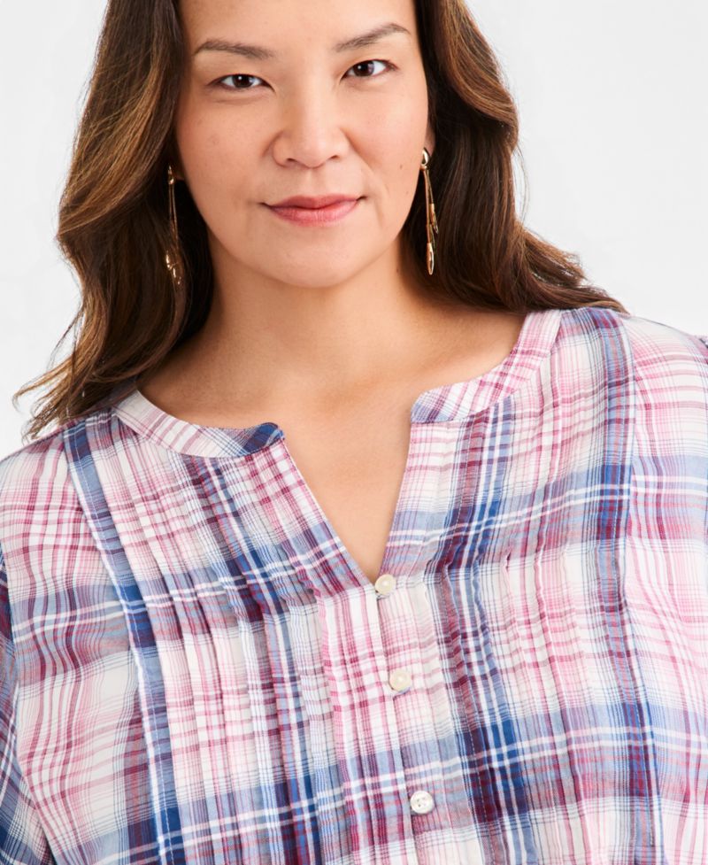 Plus Size Plaid Pintuck Long-Sleeve Top