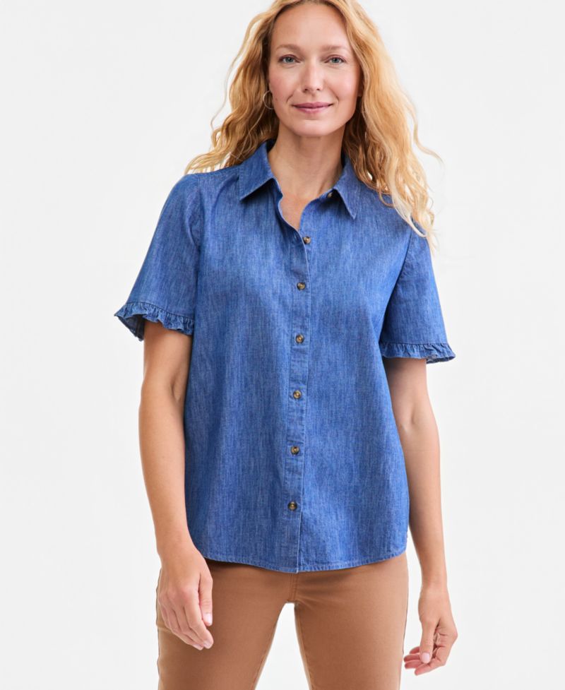 Petite Ruffle-Sleeve Button-Up Camp Shirt