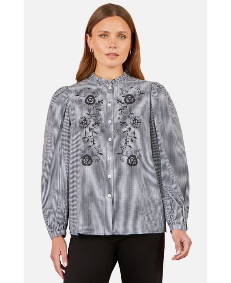 Women's Gingham Embroidered Long-Sleeve Blouse