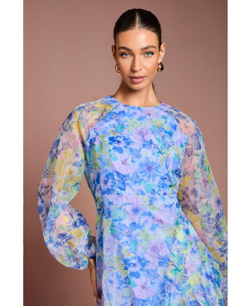 Organza Floral Puff Sleeve Midi Dress
