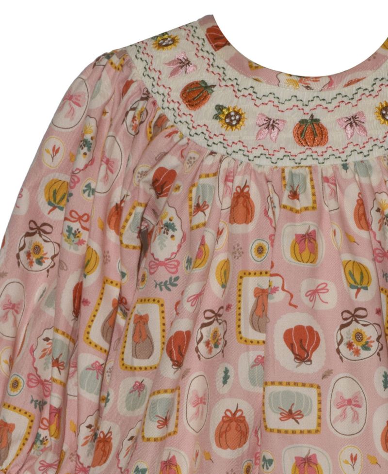 Baby Girls' Smocked Pumpkins Long-Sleeve Dress with Diaper Cover, 2-Piece set