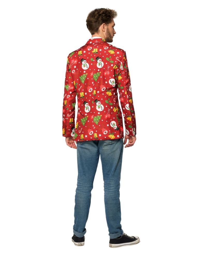 Men's Christmas Blazer - Festive Holiday Light Up X- Mas Jacket - Red with Print