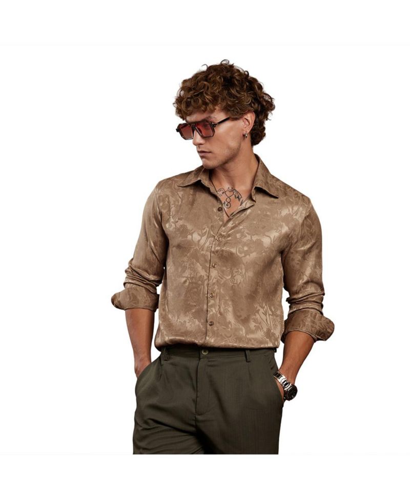 Men's Peanut Brown Flora-Textured Shirt