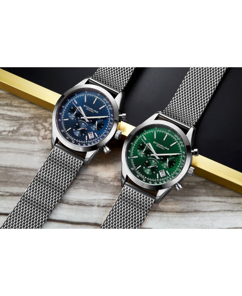 Rialto 3975.9 Men s Chronograph Watch - Quartz Movement, 44mm Silver-Tone Case, Green Dial, Stainless Steel Mesh Bracelet