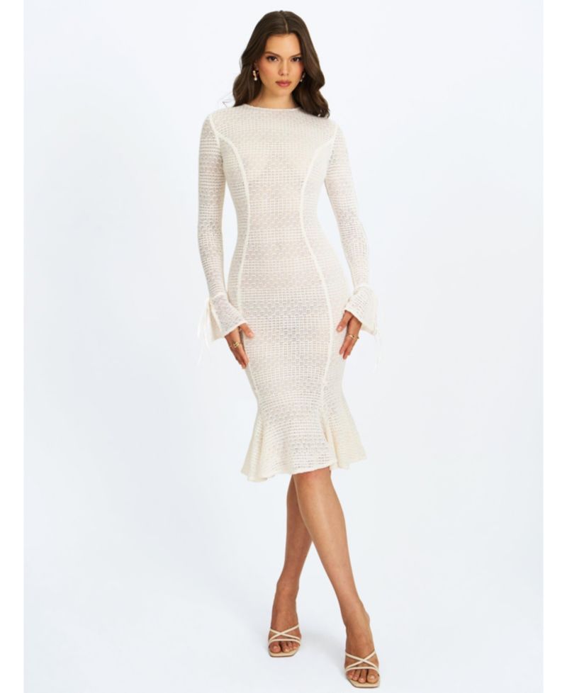 Women's Pamina Beige Crochet Long Sleeve Flare Mermaid Dress