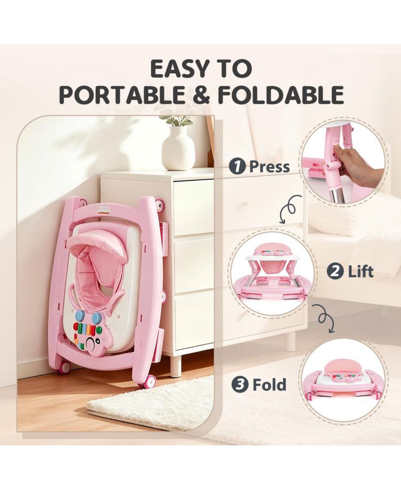 5-in-1 baby walker with adjustable height, activity panel and foldable design