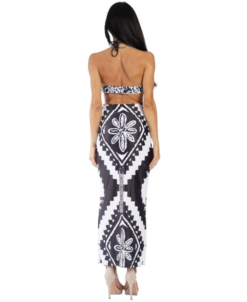 Women's Club Moda Black and White Bikini Set with Maxi Cover-Up Dress - Beach to Bar Resort Swimwear Outfit