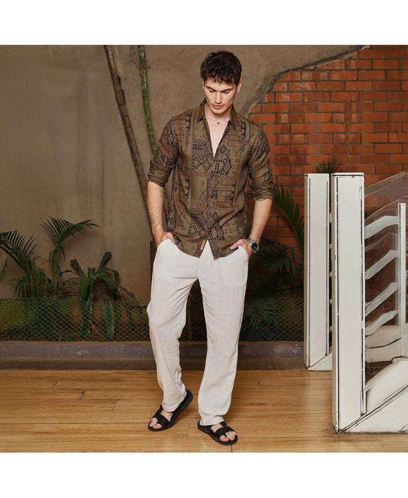Men's Peanut Brown Aztec-Imprint Shirt