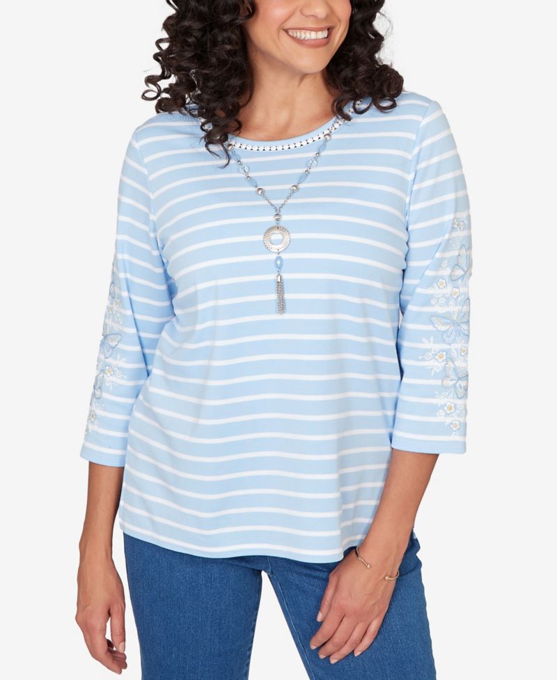 Petite Classic Stripe Cornflower Embroidered Sleeve Top with Necklace