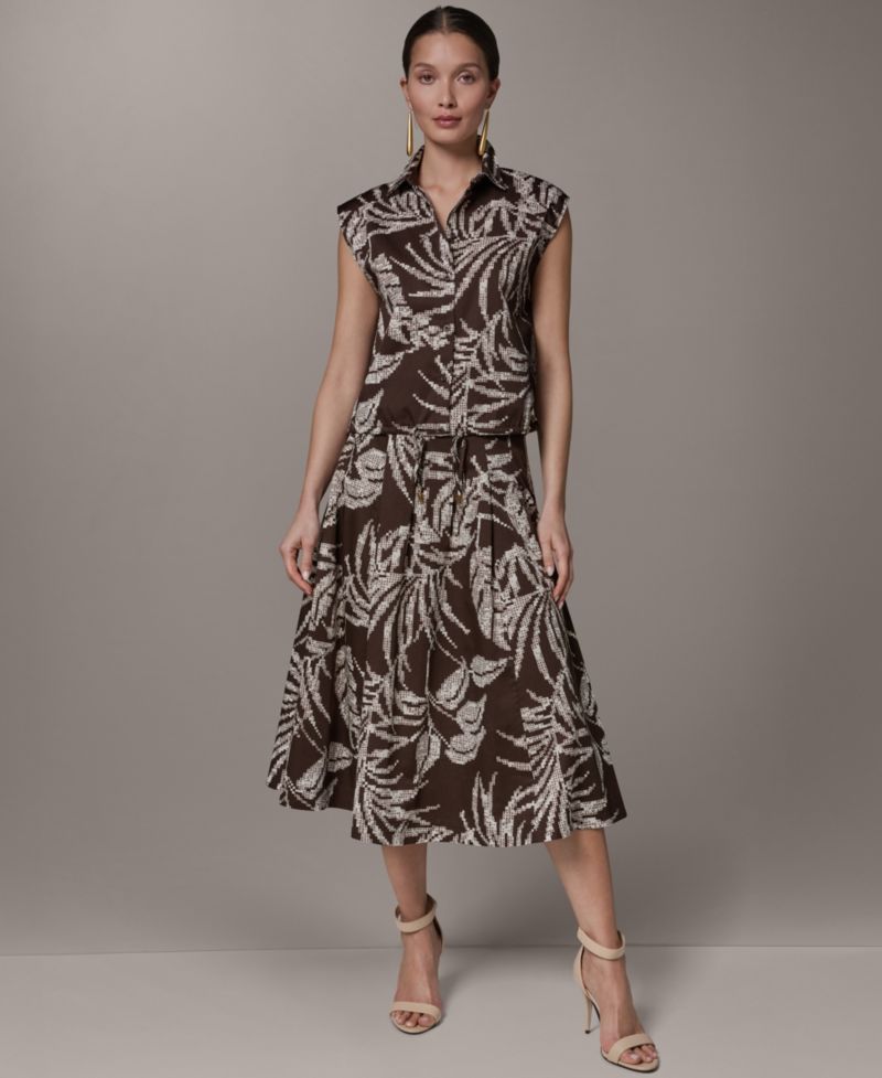 Women's Button-Front Drawstring Top and Printed Pleated Skirt