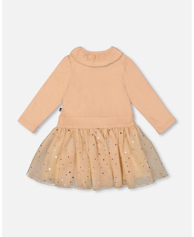 Baby Girl Bi-Material Dress with Glittering Skirt Beige - Baby