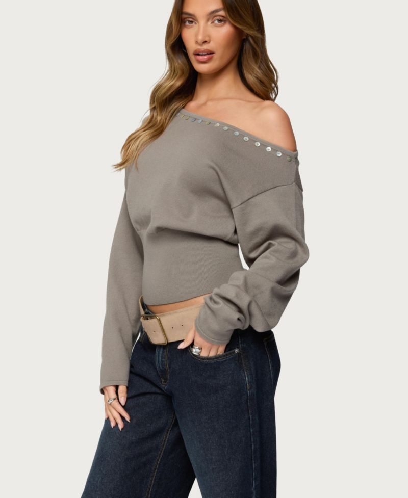 Women's Carmela Iridescent Button Off Shoulder Sweater
