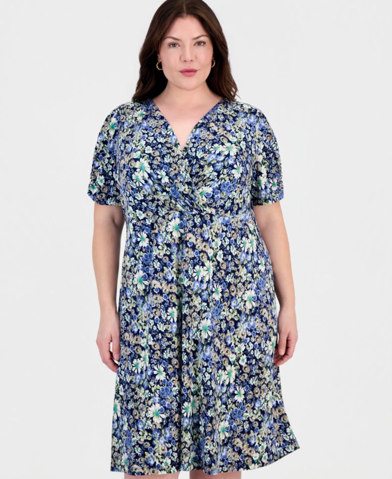 Plus Size Surplice-Neck Short-Sleeve Dress