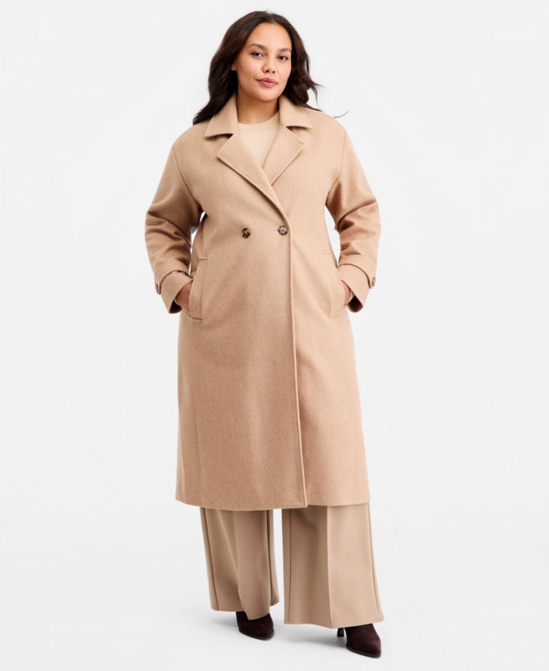 Women's Plus Size Double-Breasted Patch-Pocket Maxi Coat