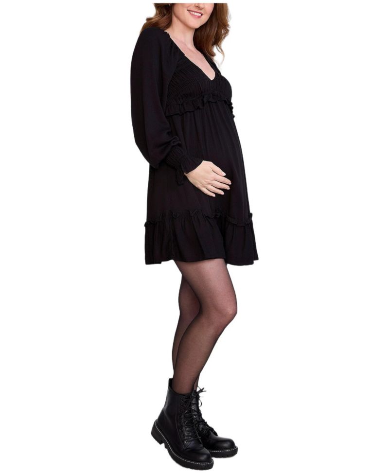 Women's Motherhood V-Neck Long Sleeve Smocked Tiered Short Dress