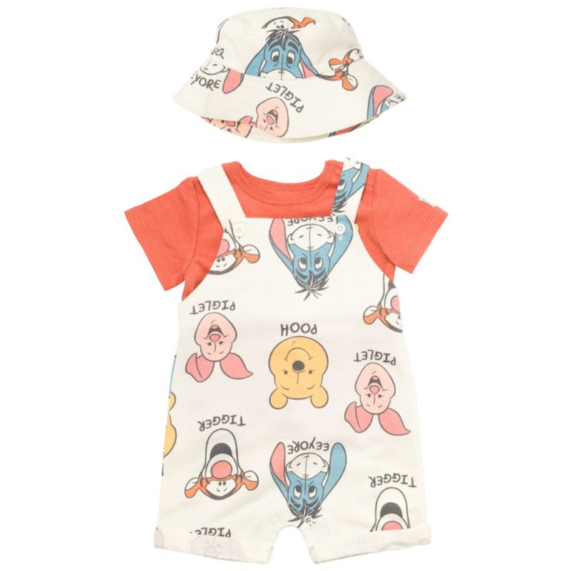 Baby Boys Tigger French Terry Short Overalls T-Shirt and Hat 3 Piece Outfit Set