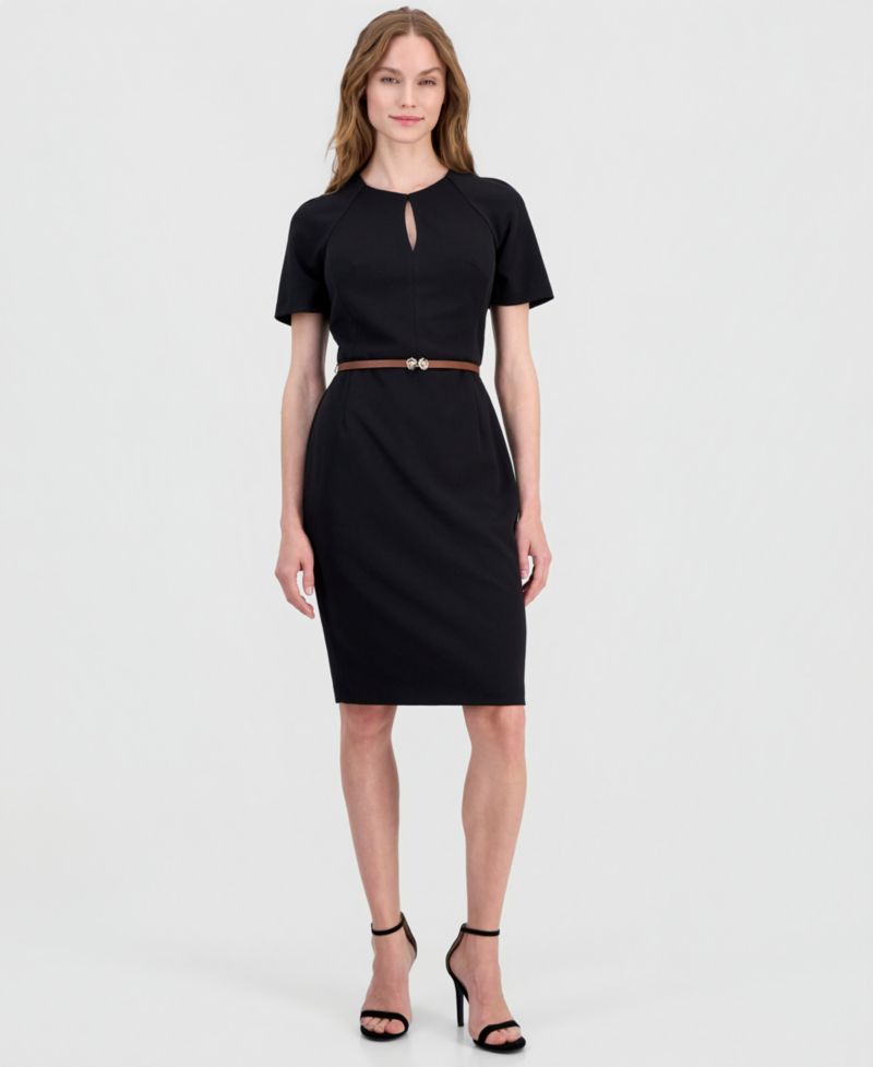 Women's Belted Scuba Crepe Sheath Dress
