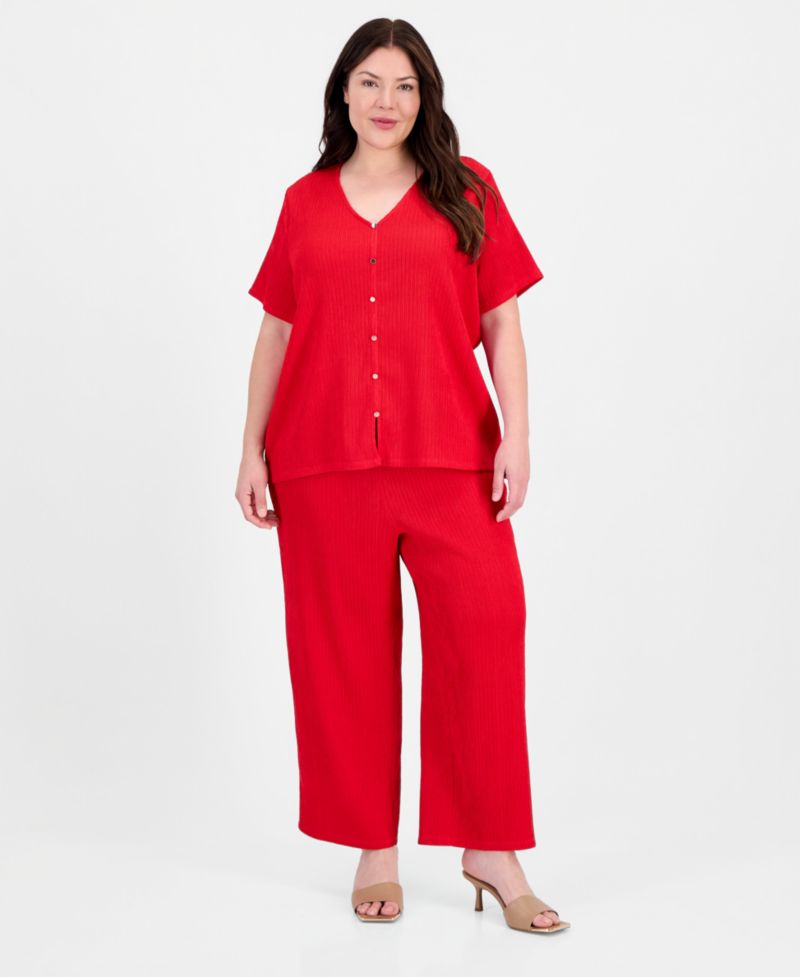 Plus Size V-Neck Button-Front Short-Sleeve Top