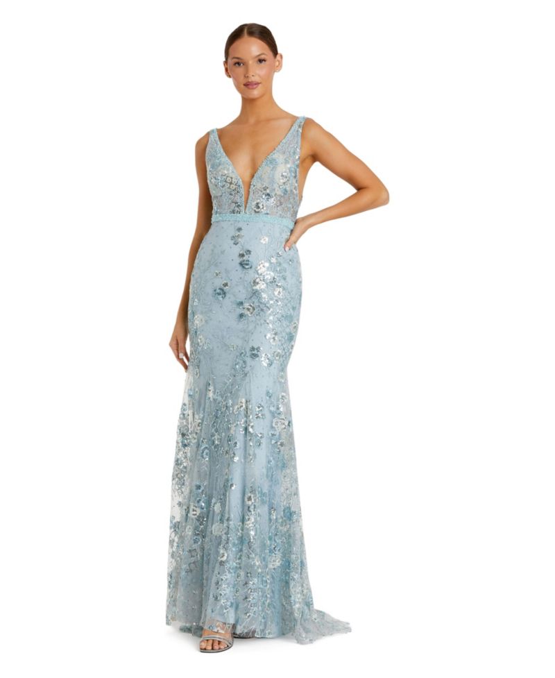 Women's Floral Embellished Sleeveless Plunge Neck Gown