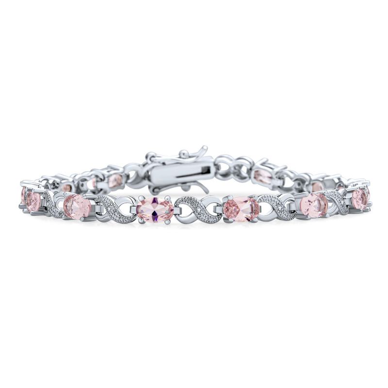 Birthstone Dark Pink Color CZ Oval Infinity Tennis Bracelet Silver Plated