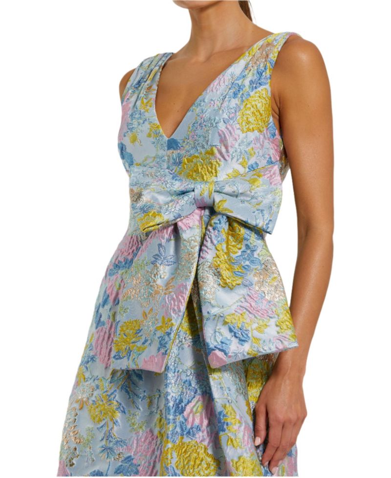Women's Floral Brocade Sleeveless Midi Dress With Bow