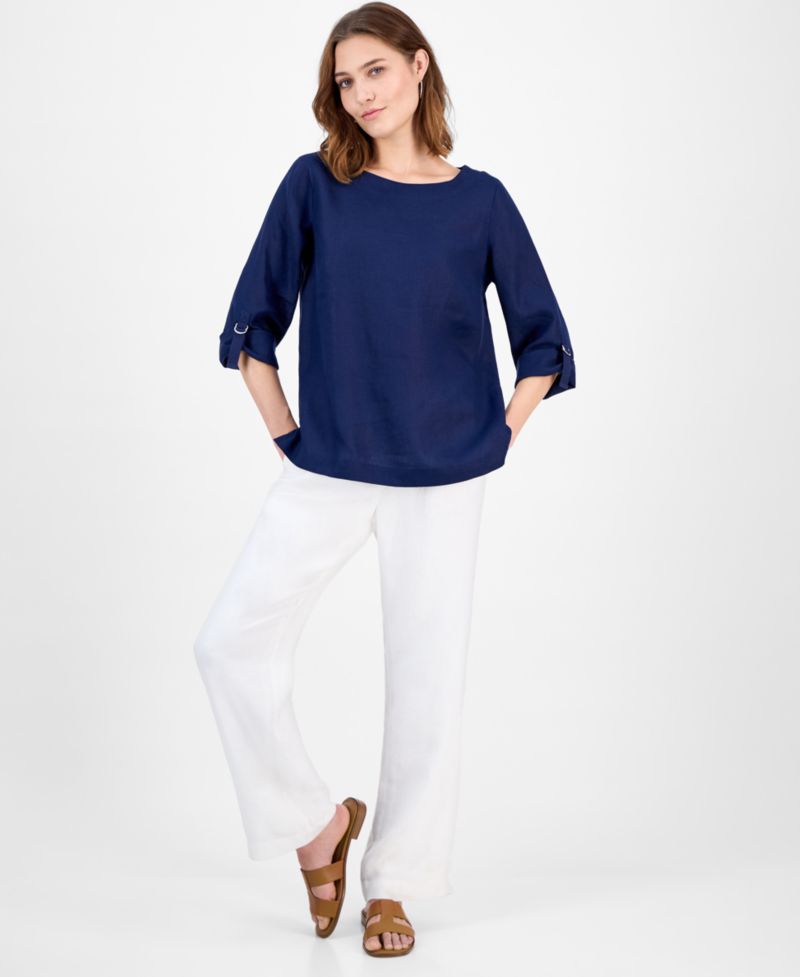 Petite 100% Linen Cuffed Top
