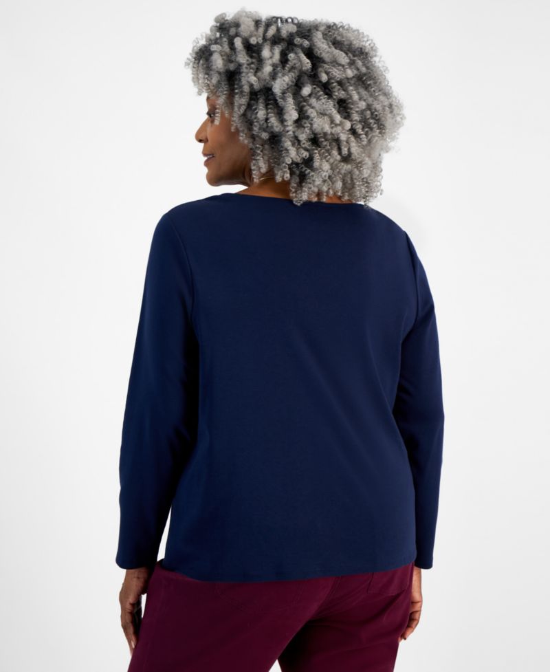 Petite Scoop-Neck Long-Sleeve Cotton Top