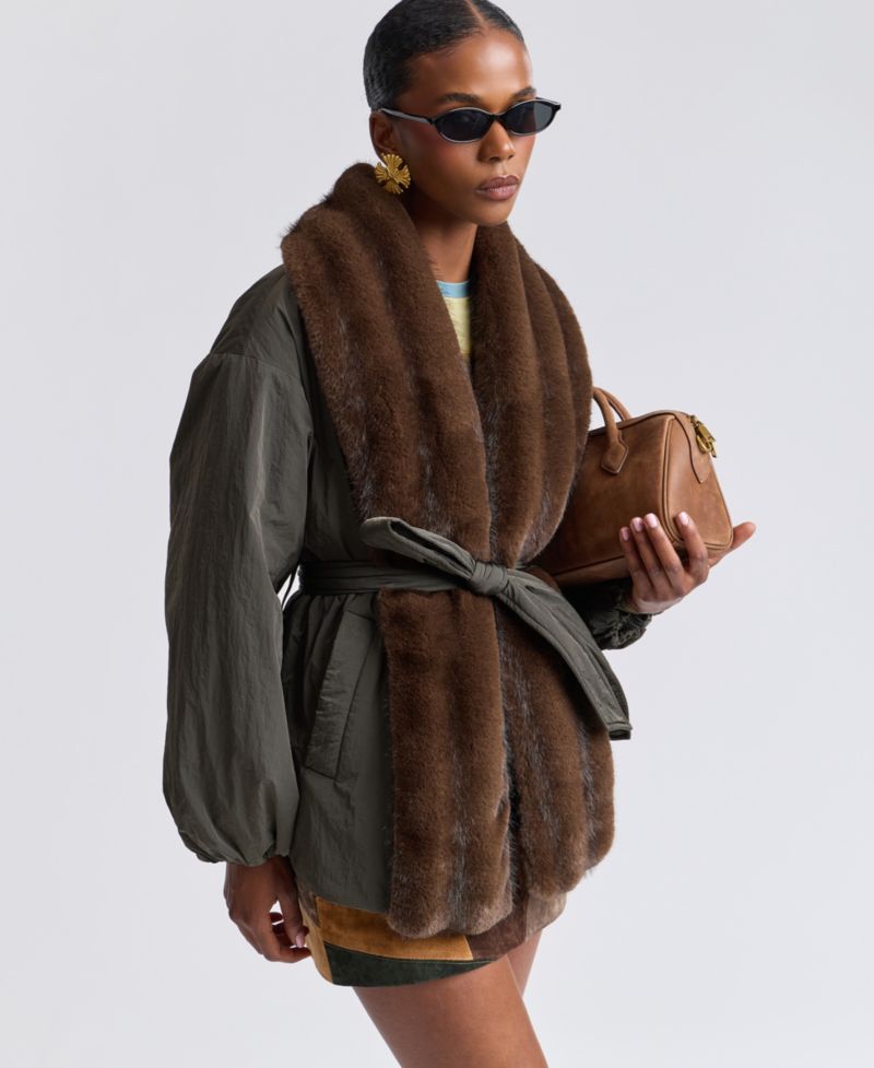 Women's Belted Faux-Fur-Trim Shawl Collar Puffer Jacket