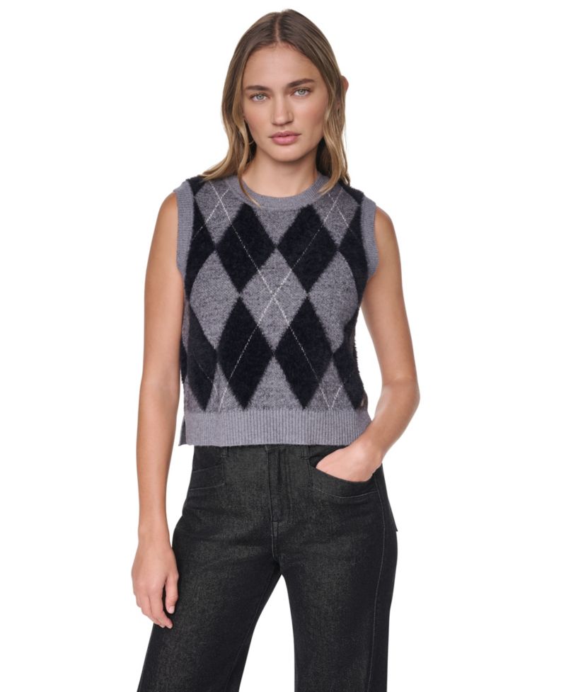 Women's Argyle Fuzzy-Yarn Side-Slit Crewneck Vest Sweater