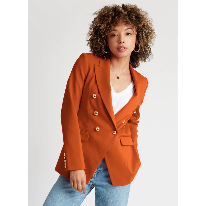 Women's Pauline Double Breasted Fitted Luxury Ponte Blazer with 5-Button Sleeves with Real Buttonholes and Optional Turn Up Cuff