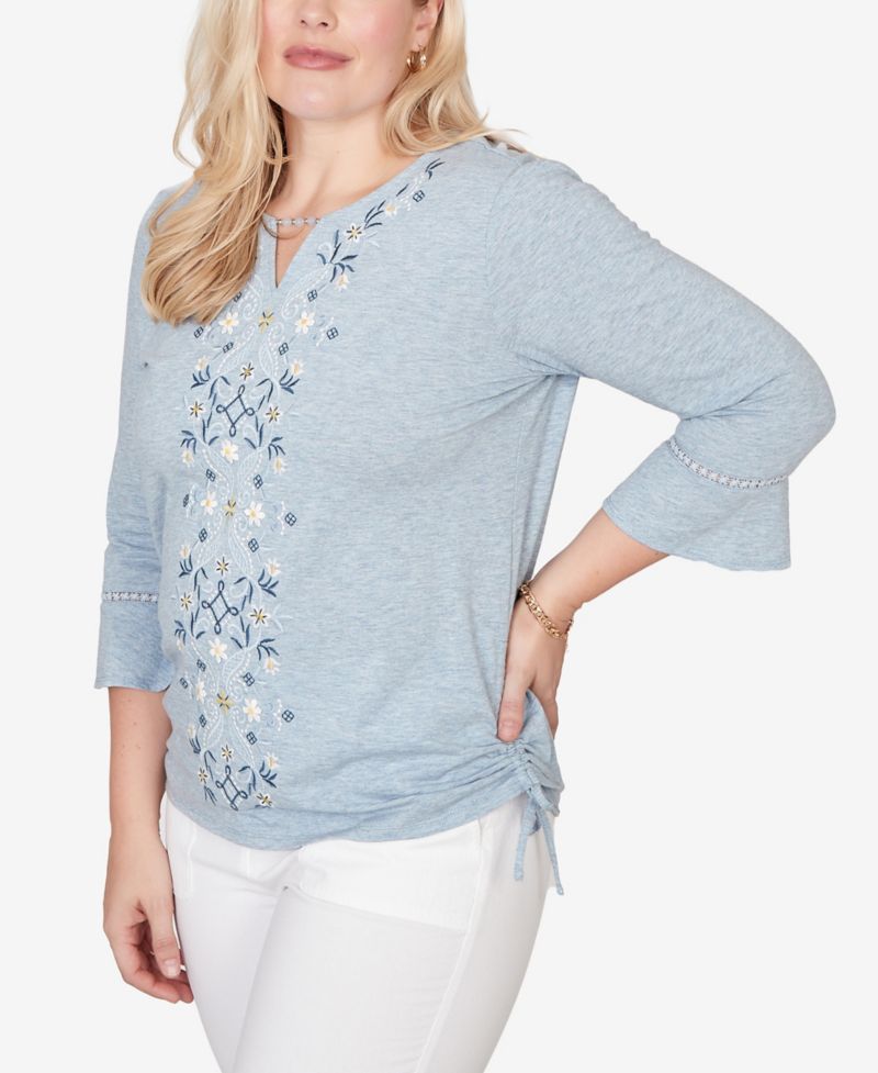 Petite Out of the Blue Center Scroll Embroidered Side-Tie Split Neck Top