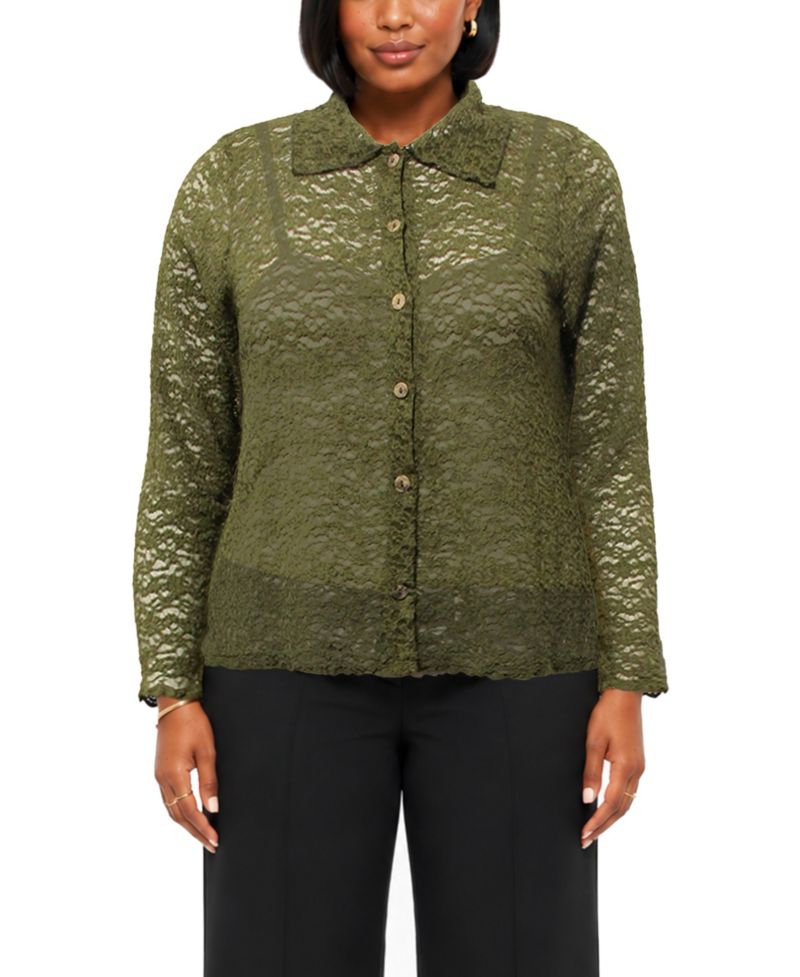 Plus Size Long-Sleeve Lace Floral-Edge Shirt