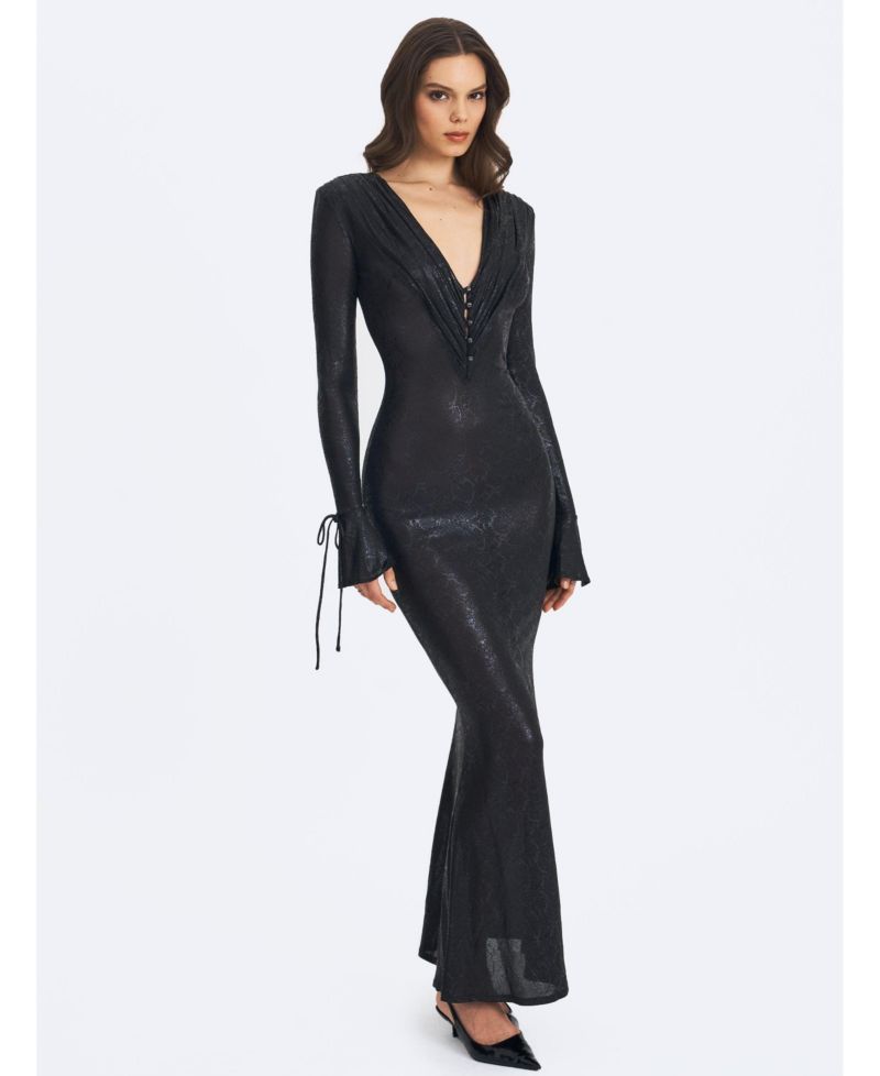 Women's Ilysia Black V-Neck Plunge Snakeskin Mermaid Hem Maxi Dress