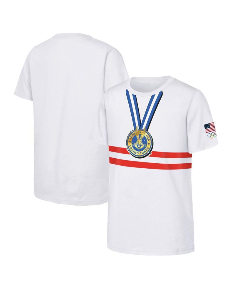 Big Boys and Girls White Team USA Looney Tunes Gold Medal Winner T-Shirt