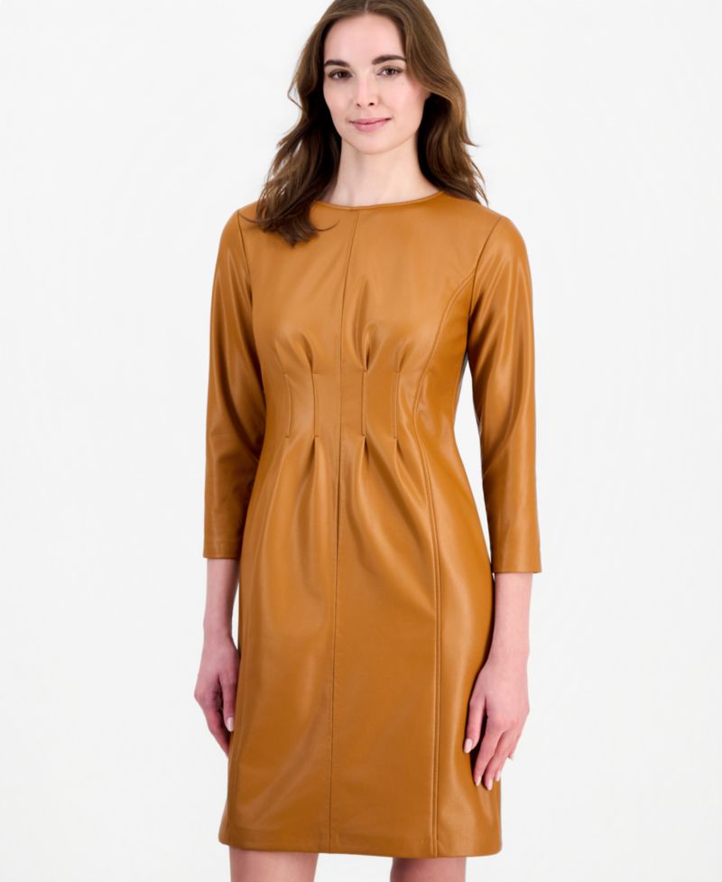 Women's Pleated Waist Sheath Knee-Length 3/4 Sleeve Dress
