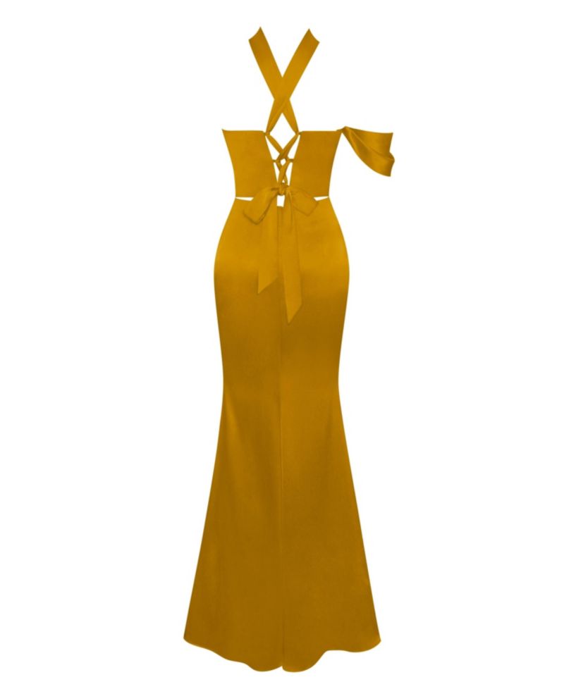 Women's Ivona Gold Halter Neck Double Duchess Satin Gown