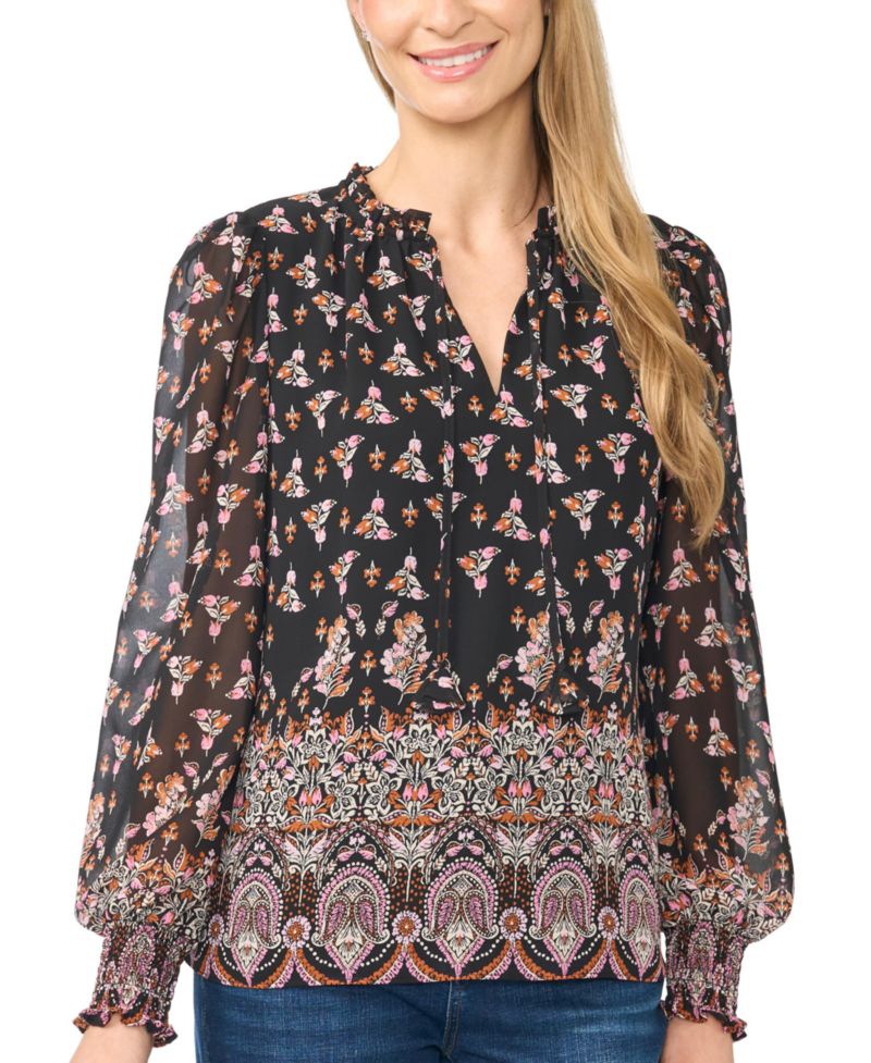 Women's Long-Sleeve V-Neck Smocked Cuff Ruffle Blouse