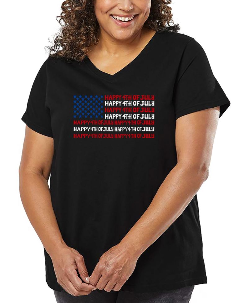 Plus Size Happy 4th of July Word Art V-Neck T-Shirt