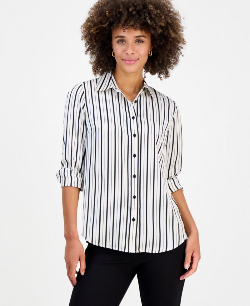 Petite Collared Button-Front Long-Sleeve Blouse