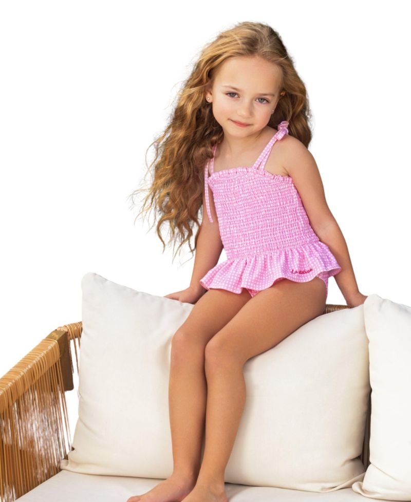 Girls' 4-16 Gingham-Check Tie-Shoulder-Strap One-Piece Swimsuit
