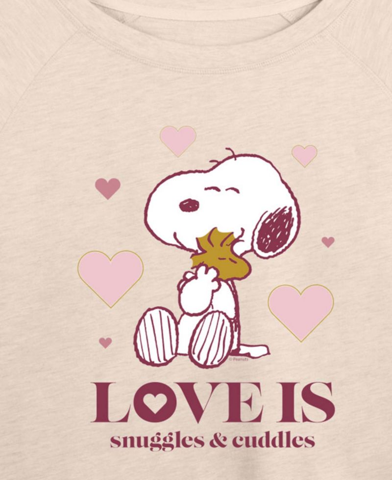 Women's Peanuts Snoopy And Woodstock Love Is Snuggles And Cuddles French Terry Long-Sleeve T-Shirt