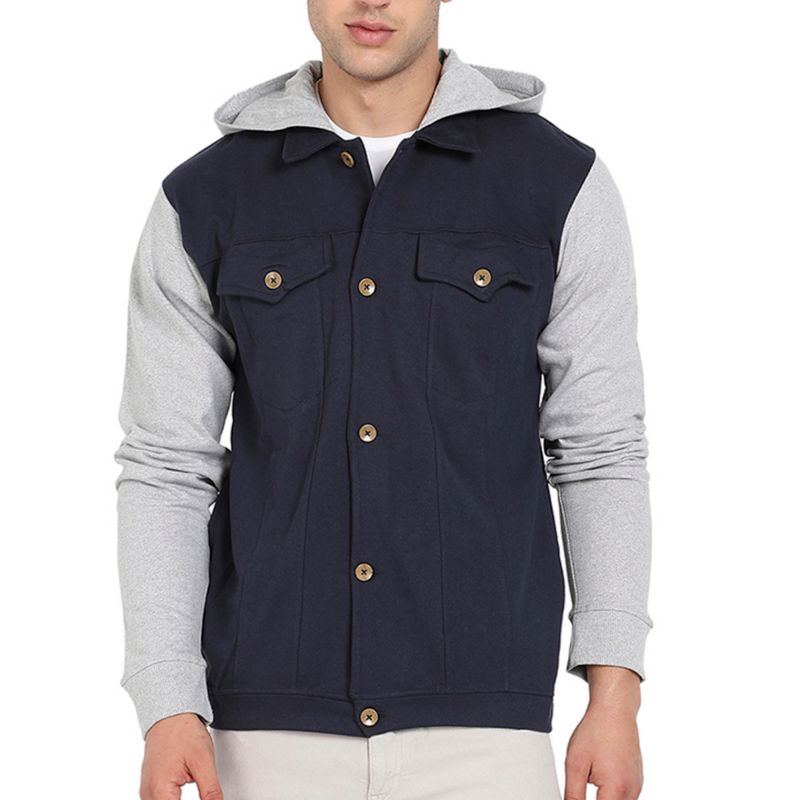 Men's Grey and Navy Blue Button-Front Jacket With Contrast Detail