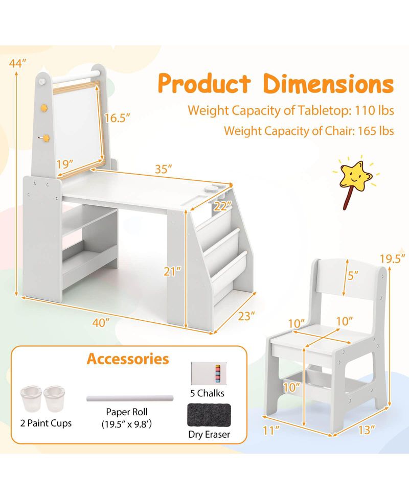 Kids Art Table and Chair Set with Easel Whiteboard Chalkboard Paper