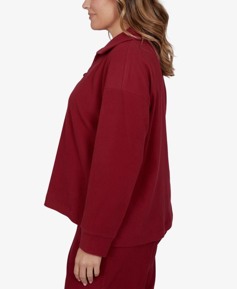 Plus Size Collared Long-Sleeve Ribbed Top